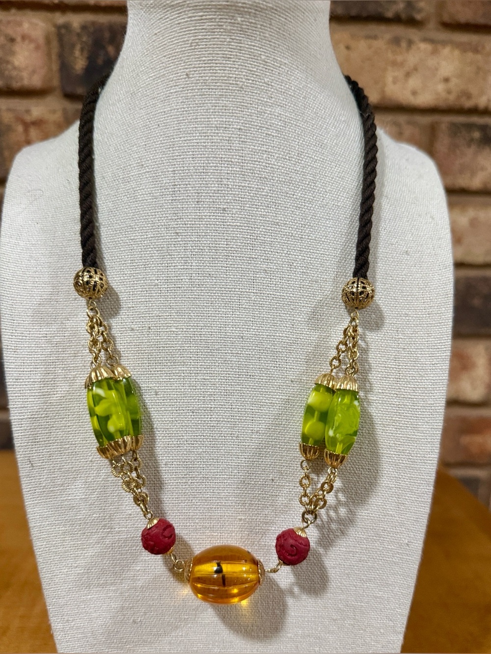 Vintage Amber, Cinnabar and Green Art beaded necklace